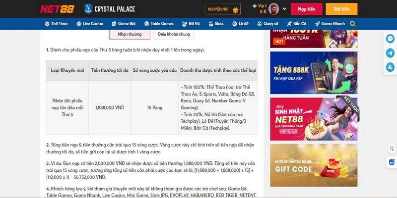 Khái quát về “Siêu thưởng nạp tiền Thứ 5” của Net88