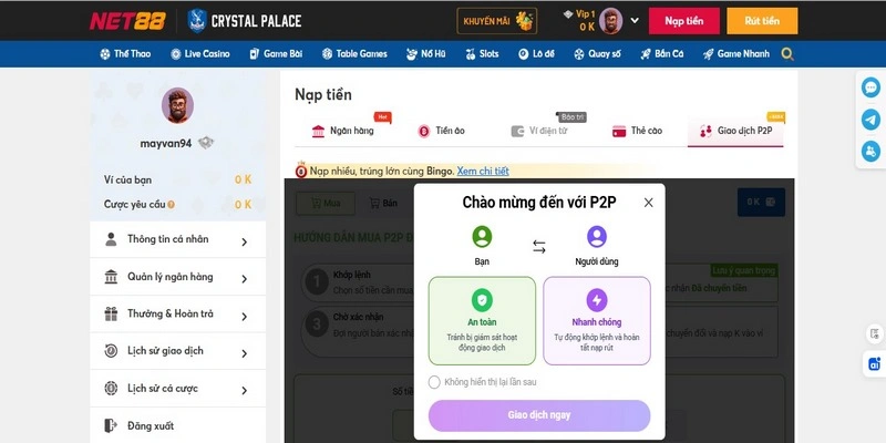 Nhận Ngay 888K Từ Net88 Khi Nạp Qua Phương Thức P2P 1 Hình thức P2P tại Net88 giao dịch trực tiếp, nhanh chóng và an toàn