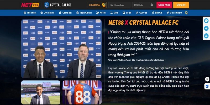 Net88 là nhà tài trợ của Crystal Palace có ảnh hưởng lớn